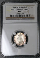 1887 NGC MS 64 Victoria 6 Pence Shield Great Britain Mint State Silver Coin (22080304C)