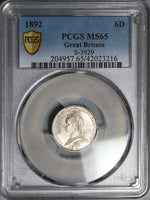1892 PCGS MS 65 Victoria 6 Pence Great Britain Sterling Silver Coin (23033001D)