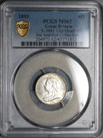 1893 PCGS MS 62 Victoria 6 Pence Great Britain Veiled Head Silver Pedigree Coin 22050604C