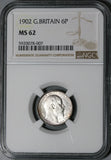 1902 NGC MS 62 Edward VII 6 Pence Great Britain Sterling Silver Coin (21021801C)