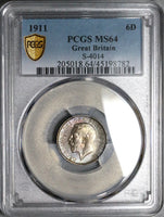 1911 PCGS MS 64 George V 6 Pence Great Britain Sterling Silver Coin (22111901C)