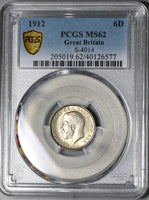 1912 PCGS MS 62 George V 6 Pence Great Britain Sterling Silver Coin (20120202C)