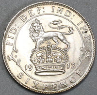 1912 Great Britain 6 Pence UNC George V Sterling Silver Coin (19061701R)