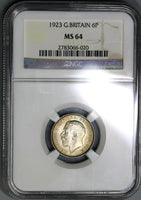 1923 NGC MS 64 George V 6 pence Great Britain Key Date Silver Coin (19082103C)