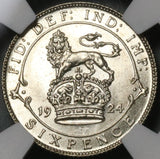 1924 NGC MS 64 6 Pence George V Great Britain Lion Crown Silver Coin (21072403C)