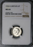 1924 NGC MS 64 6 Pence George V Great Britain Lion Crown Silver Coin (21072403C)