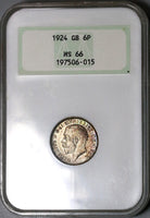 1924 NGC MS 66 6 Pence George V Great Britain Vintage Holder Coin POP 4/0 (22091901D)