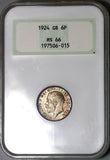 1924 NGC MS 66 6 Pence George V Great Britain Vintage Holder Coin POP 4/0 (22091901D)