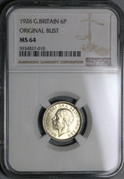 1926 NGC MS 64 6 Pence George V Great Britain Lion Silver Coin (21072404C)