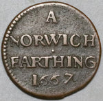 1667 Norwich Farthing Norfolk XF Token Great Britain Lion Castle Copper Coin (22060501R)