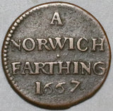 1667 Norwich Farthing Norfolk XF Token Great Britain Lion Castle Copper Coin (22060501R)
