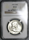 1961-D NGC MS 64 Franklin Half Dollar BU 90% Silver United States Coin (20012701C)