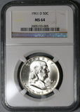 1961-D NGC MS 64 Franklin Half Dollar BU 90% Silver United States Coin (20012702C)