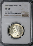 1936 NGC MS 63 Venezuela 2 Bolivares Silver Mint State Coin (20102703C)