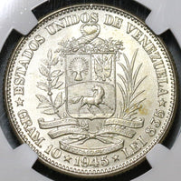 1945 NGC MS 65 Venezuela 2 Bolivares Silver Coin (19122701C)