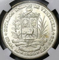 1945 NGC MS 65 Venezuela 2 Bolivares Silver Coin (19122701C)