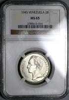 1945 NGC MS 65 Venezuela 2 Bolivares Silver Coin (19122701C)
