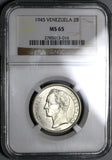 1945 NGC MS 65 Venezuela 2 Bolivares Silver Coin (19122701C)