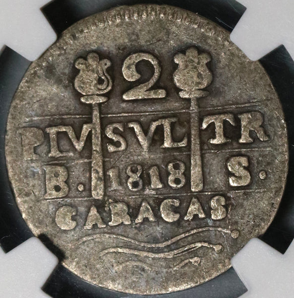 1818 NGC F 15 Caracas 2 Reales Venezuela Royalist Silver Coin (19121601D)