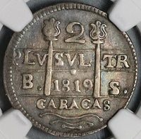1819 NGC XF 40 Caracas 2 Reales Venezuela F7 Royalist Silver Coin (22032302C)