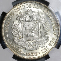 1936 NGC MS 63 Venezuela 5 Bolivares Silver 90% Mint State Crown Coin (20111201C)
