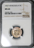 1927 NGC MS 64 Venezuela 5 Centimos Horse Mint State Coin (20121801C)